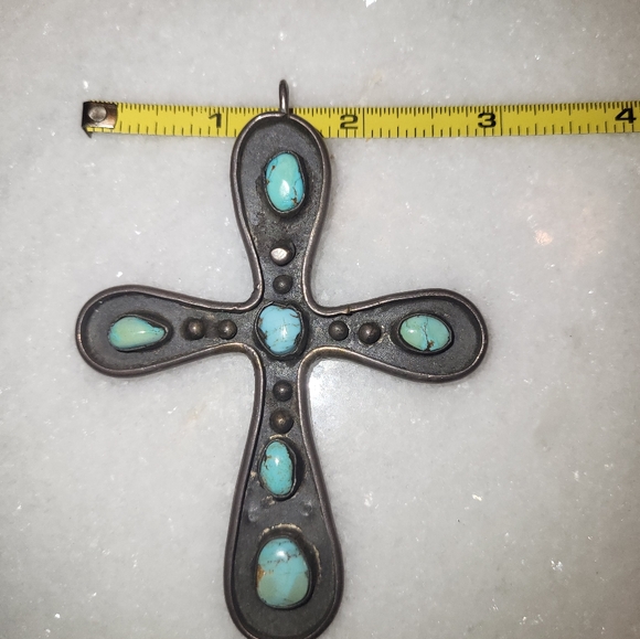 Huge Signed Navajo Sterling Turquoise Cross Pendant - Picture 10 of 10
